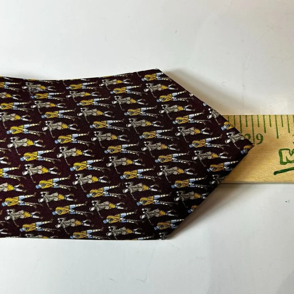 Brooks Brother Men's Burgundy Gold Golfer Print 100% Silk Tie